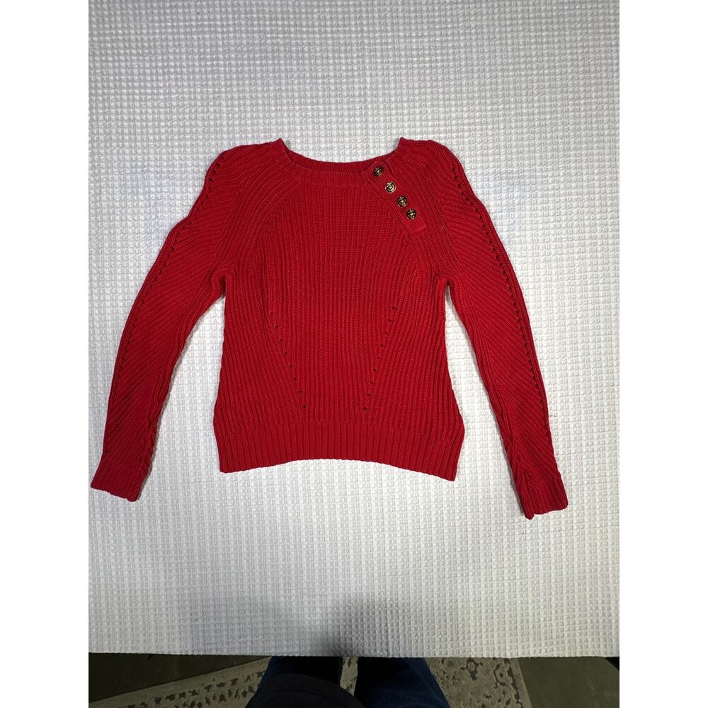 Lauren Ralph Lauren Red Knit Sweater Gold Button Shoulder Ribbed Small